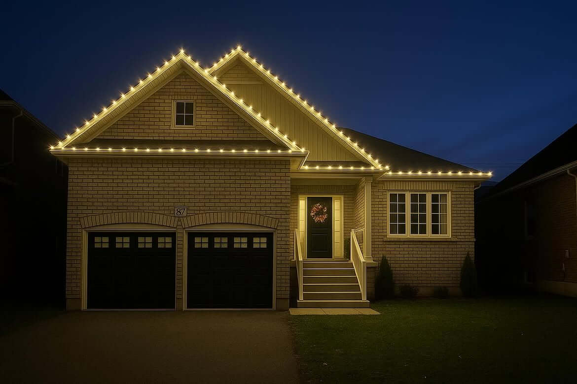 Warm white C9 Christmas lights installed along the roofline of a bungalow at blue hour in Durham Region